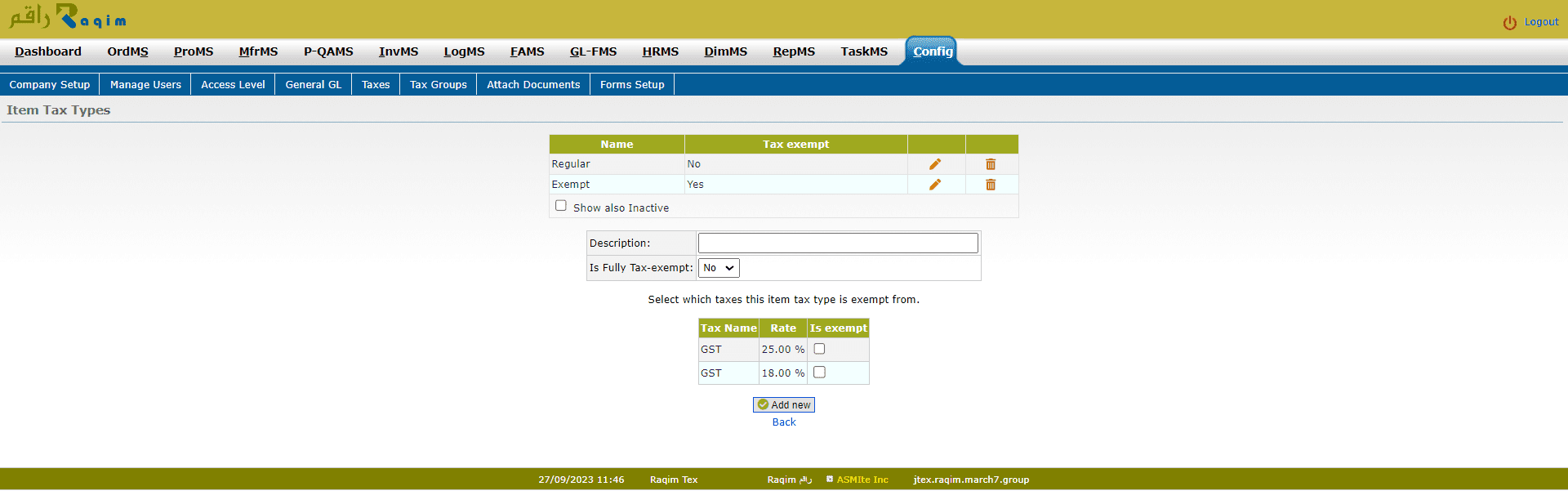 web accounting - tax configuration